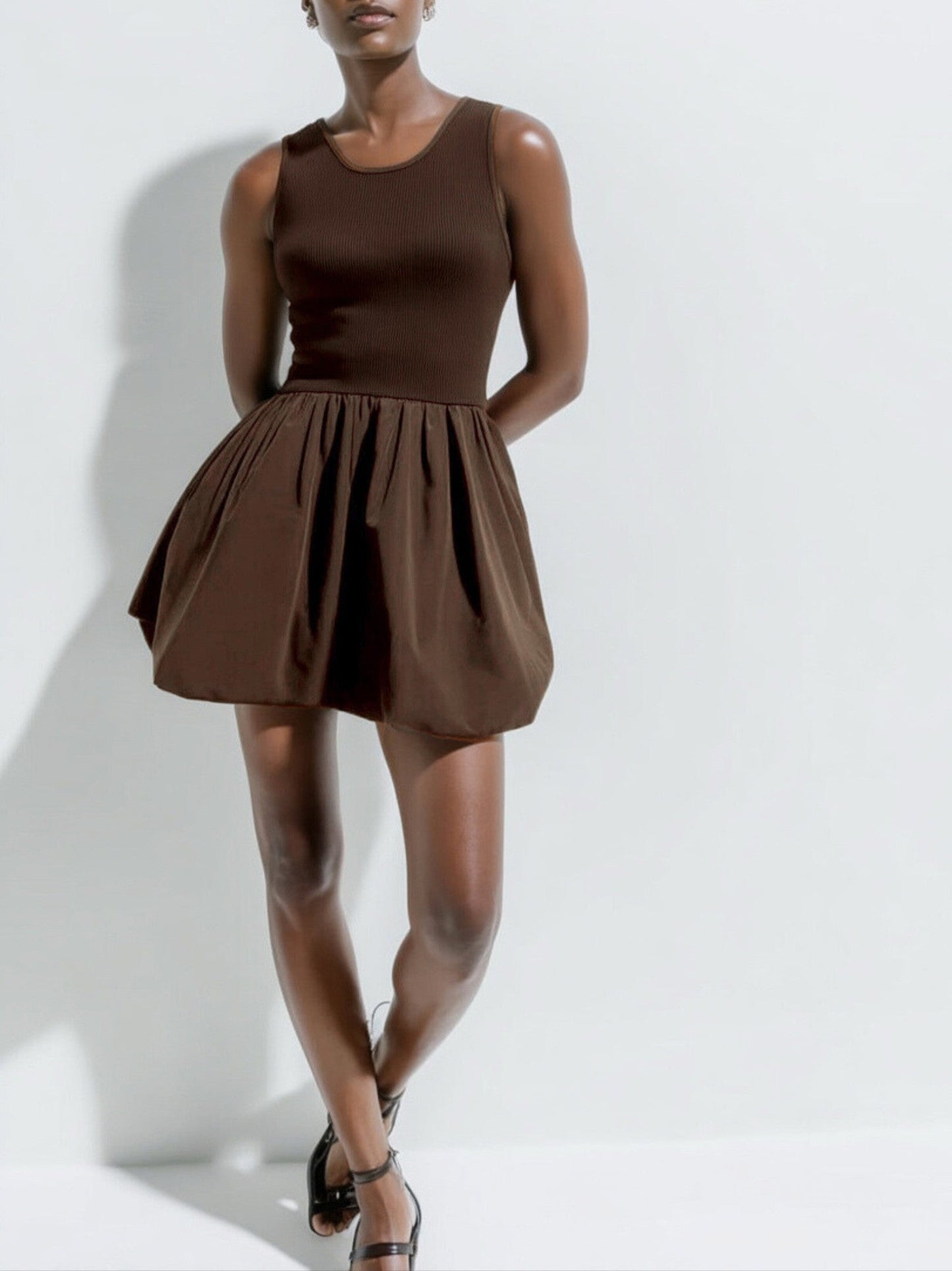Star Worthy Sleeveless Bubble Skirt Mini Dress - Chocolate