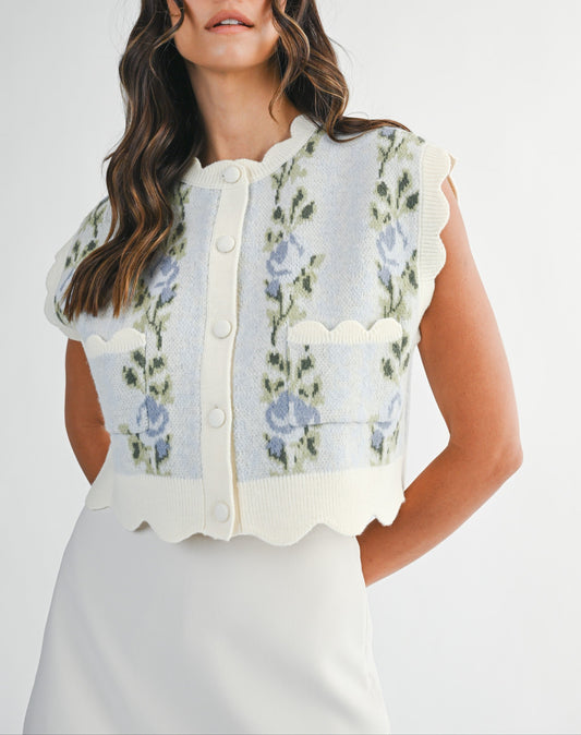 Heaven On Earth Floral Scallop Button Down Vest - Blue Multi