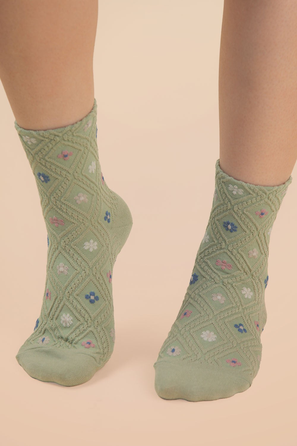 Floral Textured Crew Socks - Sage