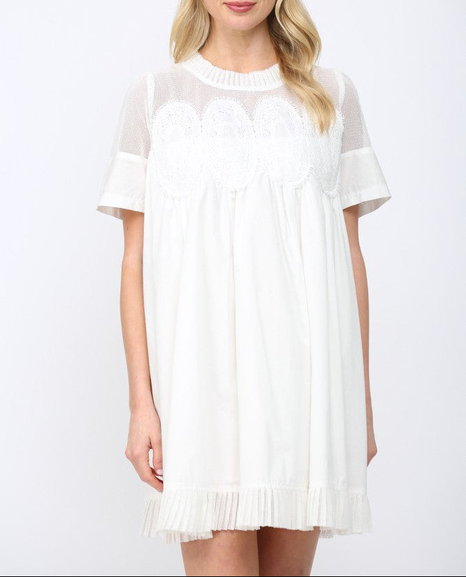 All In Mesh Applique Pleated Dress - Off White