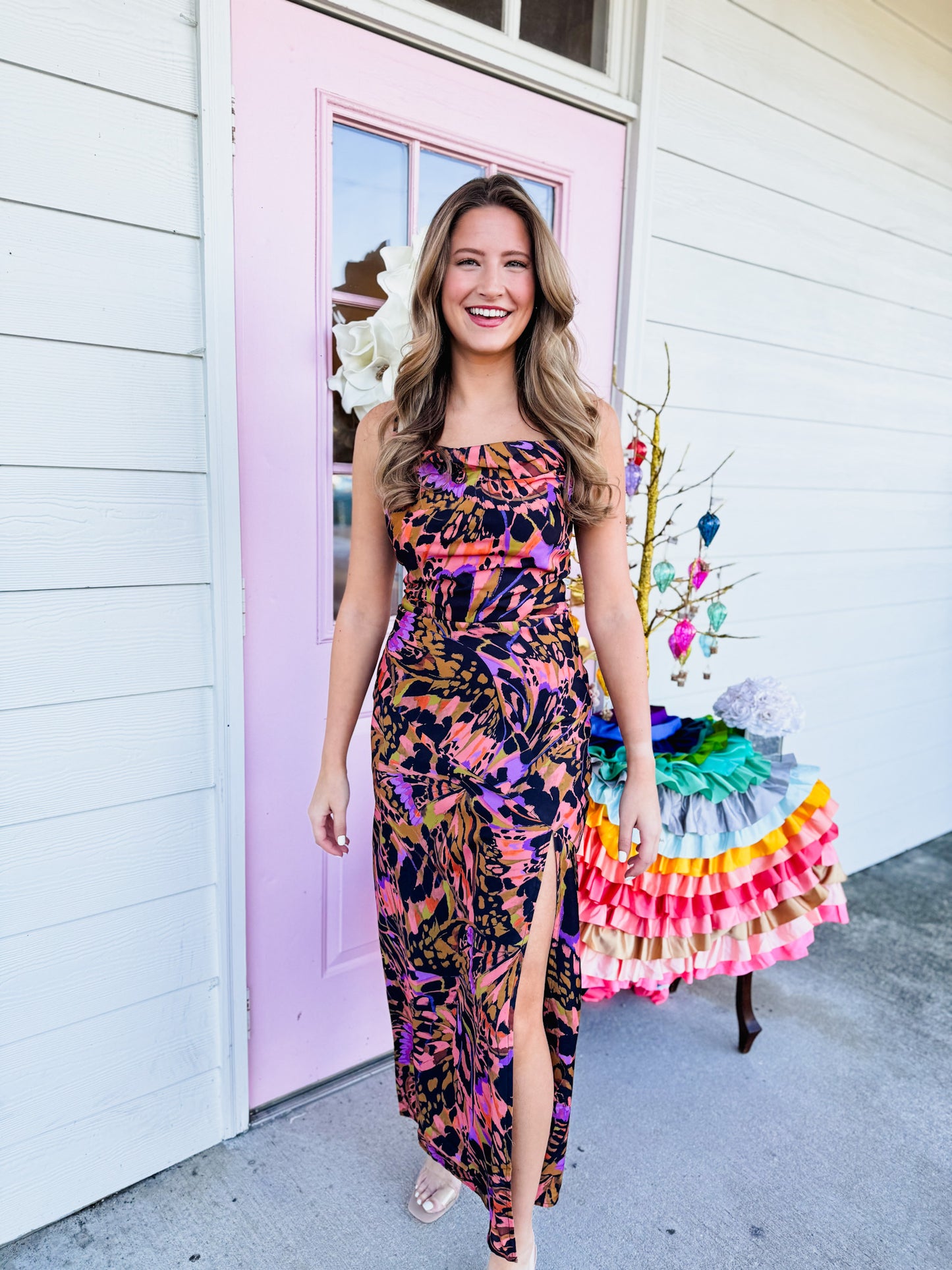 Butterfly Kiss High Slit Bias Maxi Slip Dress - Multi