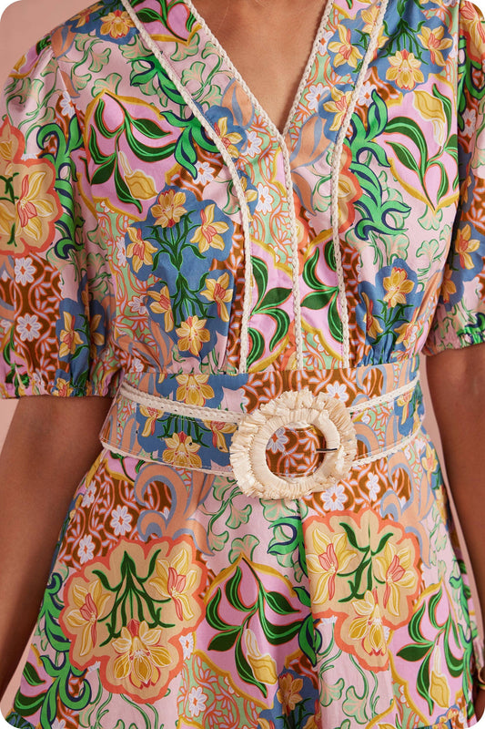 Garden Party Puff Sleeve Belted Dress - Multi