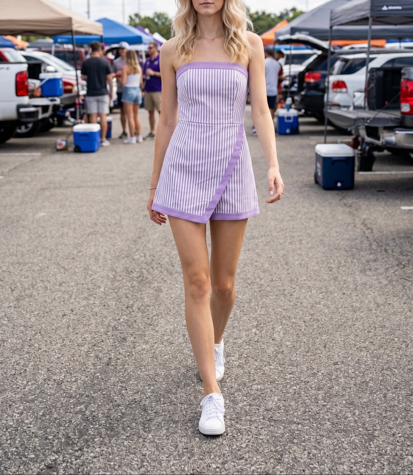 Team Player Denim Stripe Wrap Romper - White/Purple