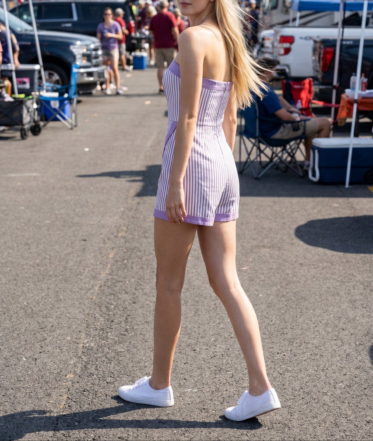 Team Player Denim Stripe Wrap Romper - White/Purple