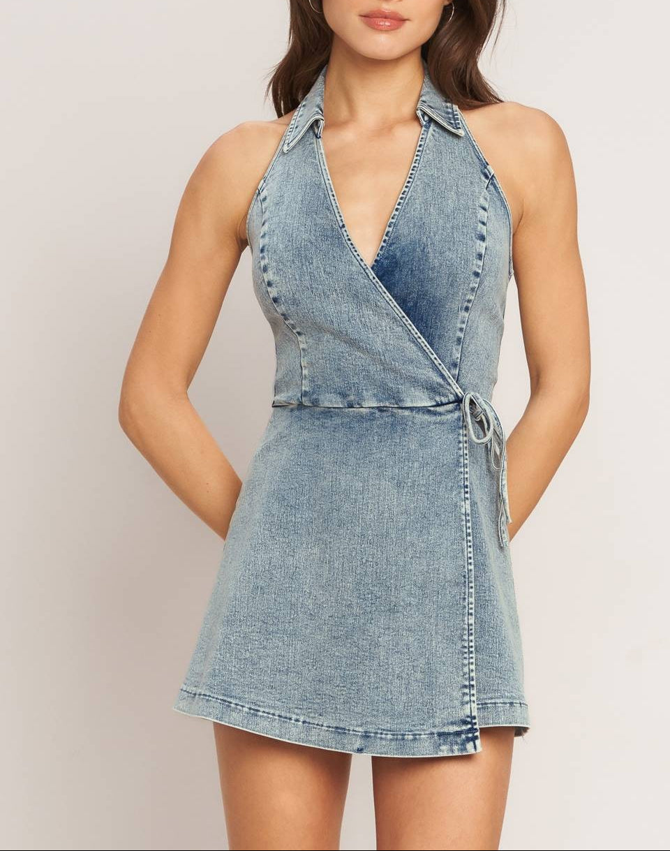 On Repeat Denim Skort Romper - Acid