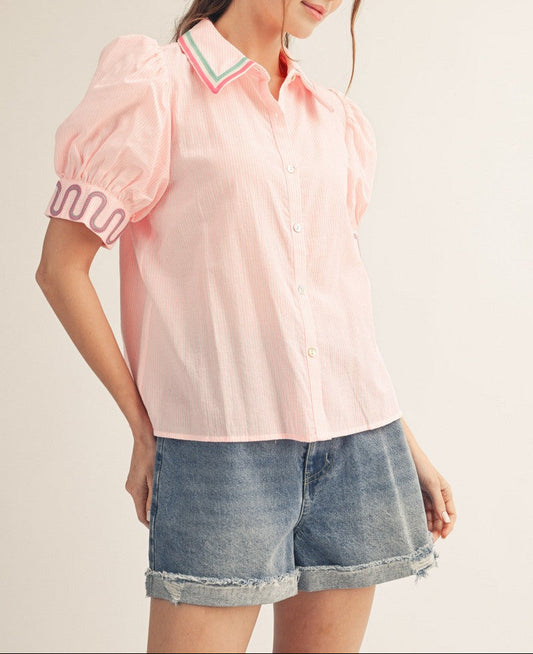 Only Yours Embroidery Accent Button Down Pinstripe Top - Pink
