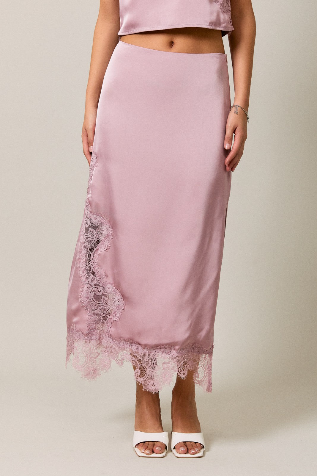 Better Together Lace Trim Midi Skirt - Dusty Rose