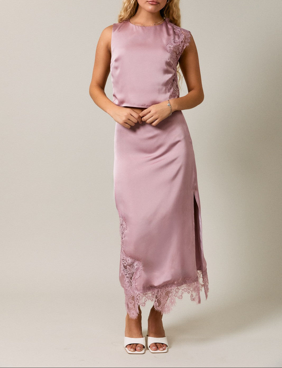 Better Together Lace Trim Midi Skirt - Dusty Rose
