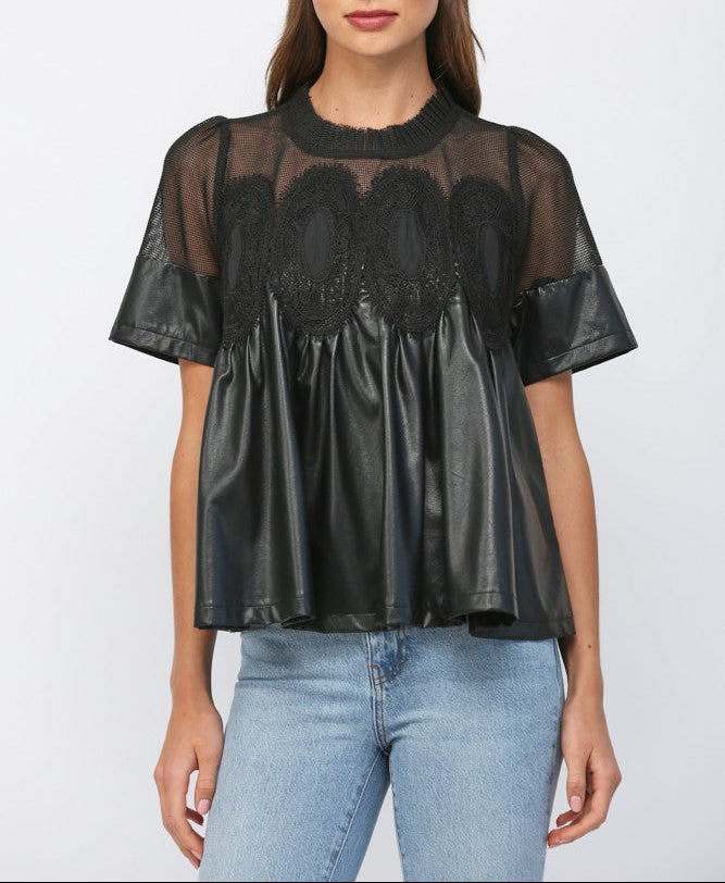 Chart Topping Mesh Applique Faux Leather Top - Black