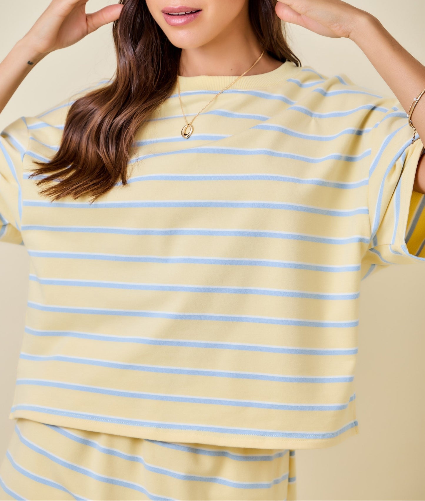 Chasing You Striped Boxy Drop Shoulder Lounge Sweatshirt Top - Yellow/Baby Blue