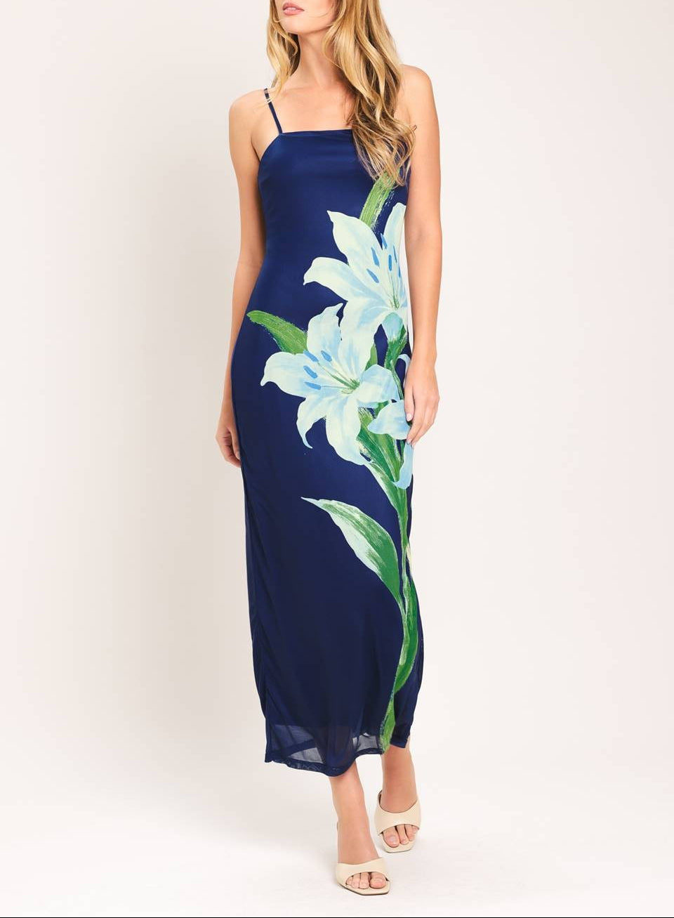 Ocean Air Mesh Floral Midi Dress - Navy