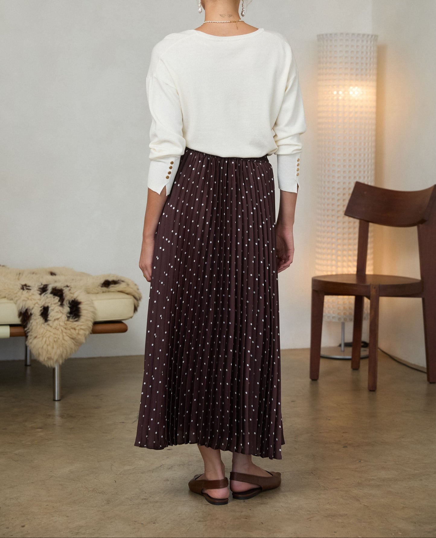 Saving Grace Polka Dot Satin Pleated Skirt - Brown/Ivory