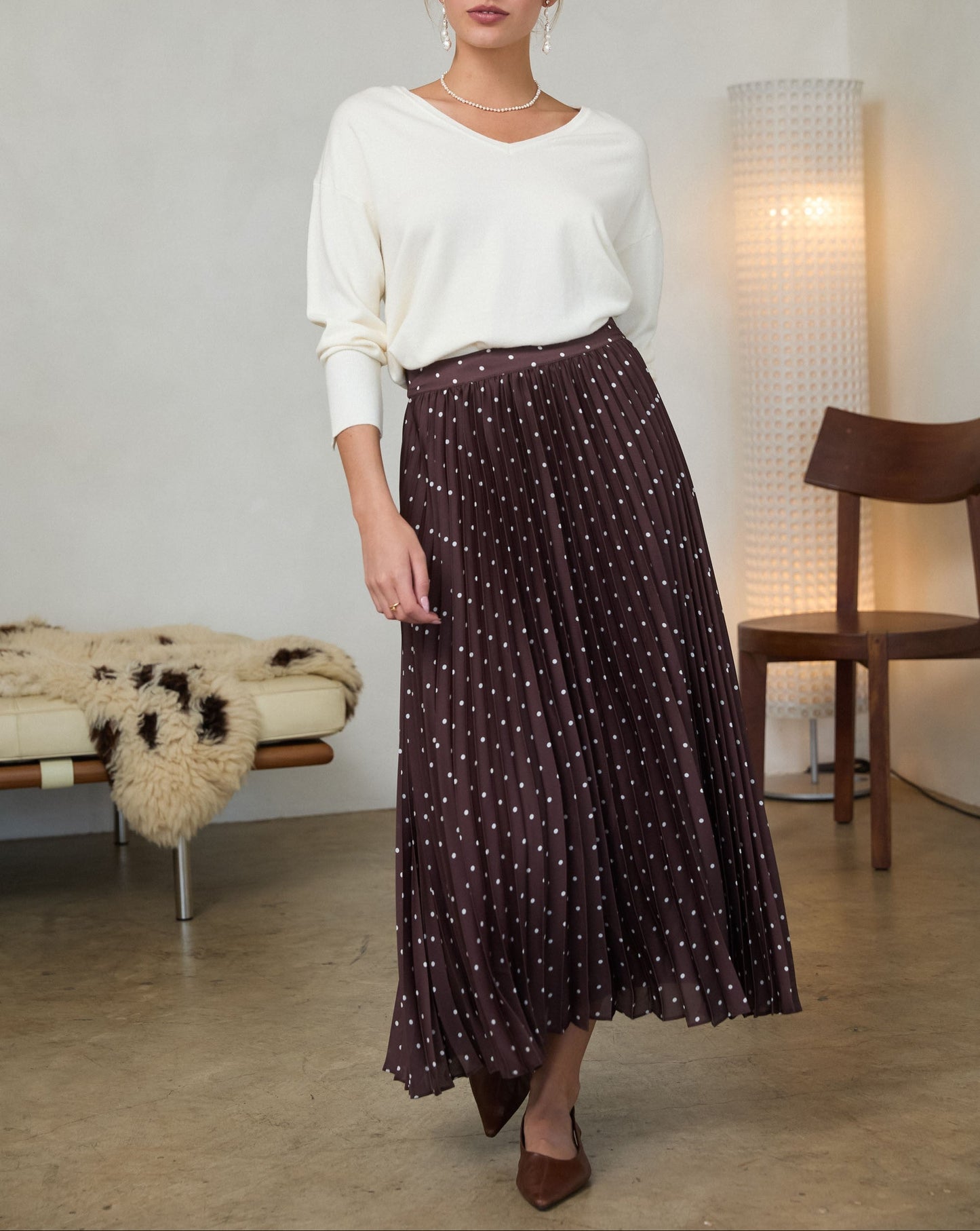 Saving Grace Polka Dot Satin Pleated Skirt - Brown/Ivory