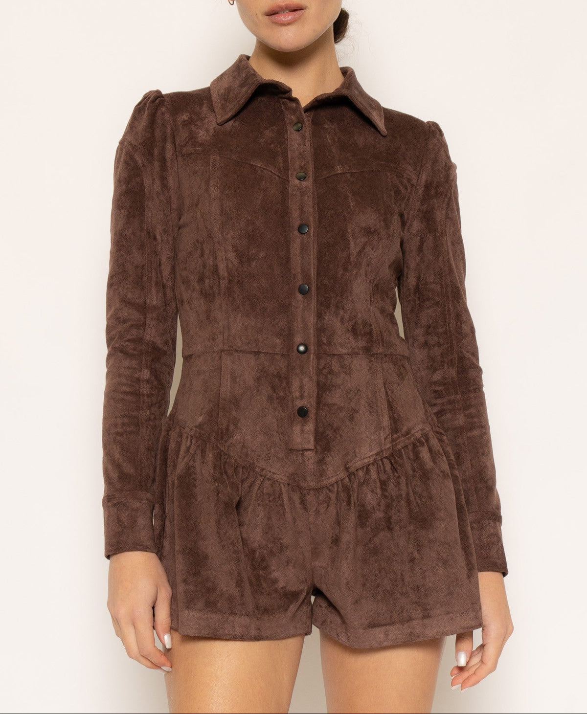 Plus One Long Sleeve Collar Romper - Chocolate