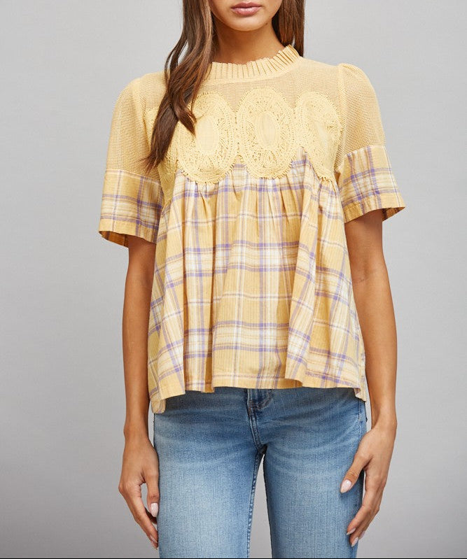 Right Back Mesh Applique Plaid Babydoll Top - Yellow/Lavender
