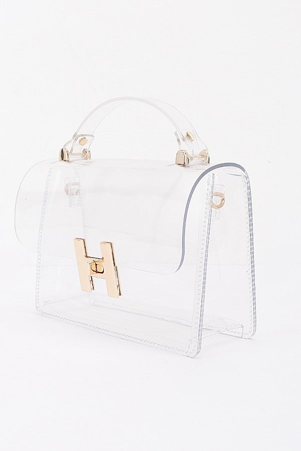 Clear Top Handle Bag with Gold Buckle Closure