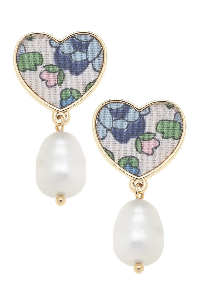 Victoria Vintage Floral Pearl Heart Earrings - Blue