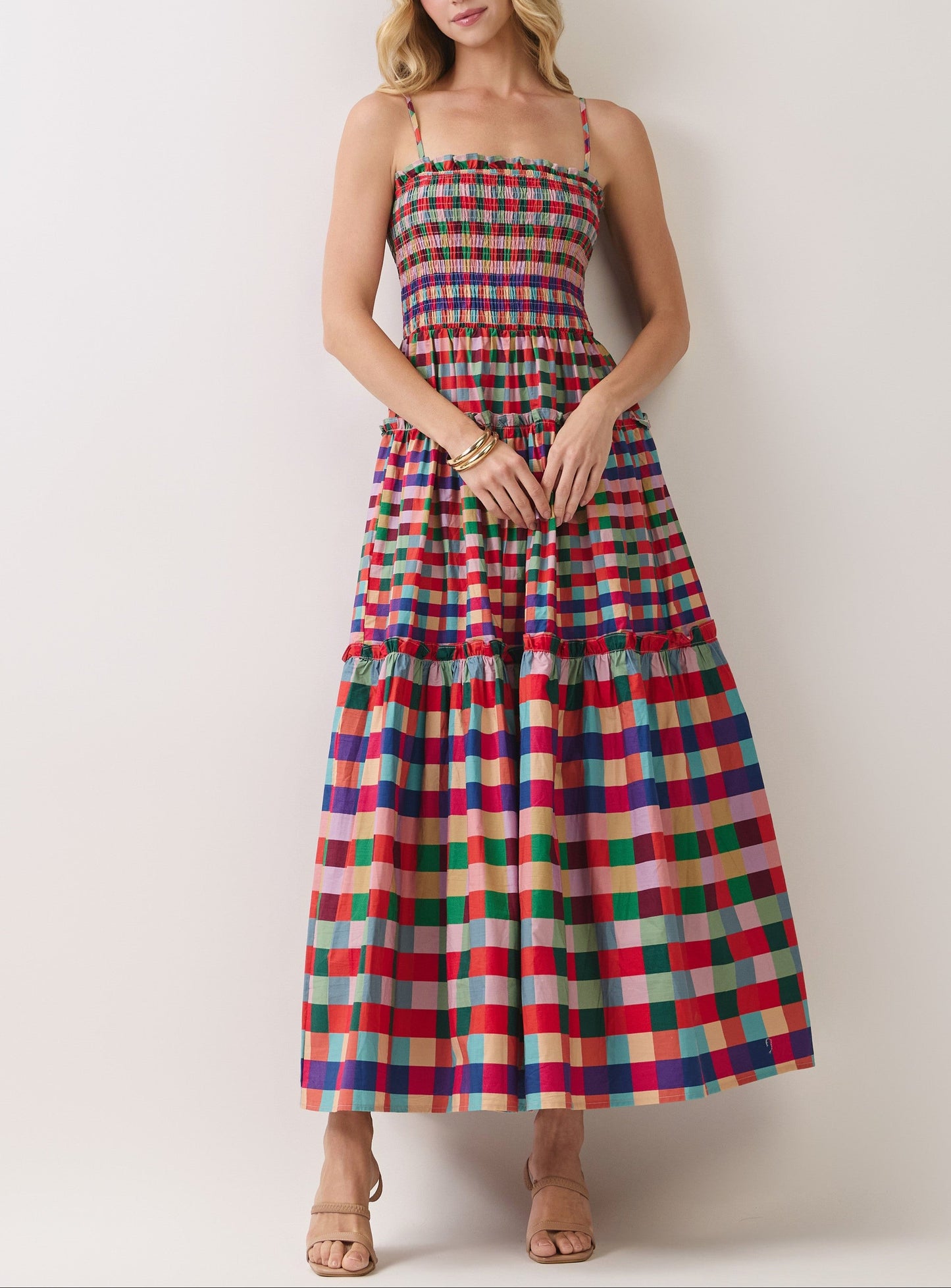 Major Move Smocked Bodice Plaid Tiered Maxi Dress - Multi
