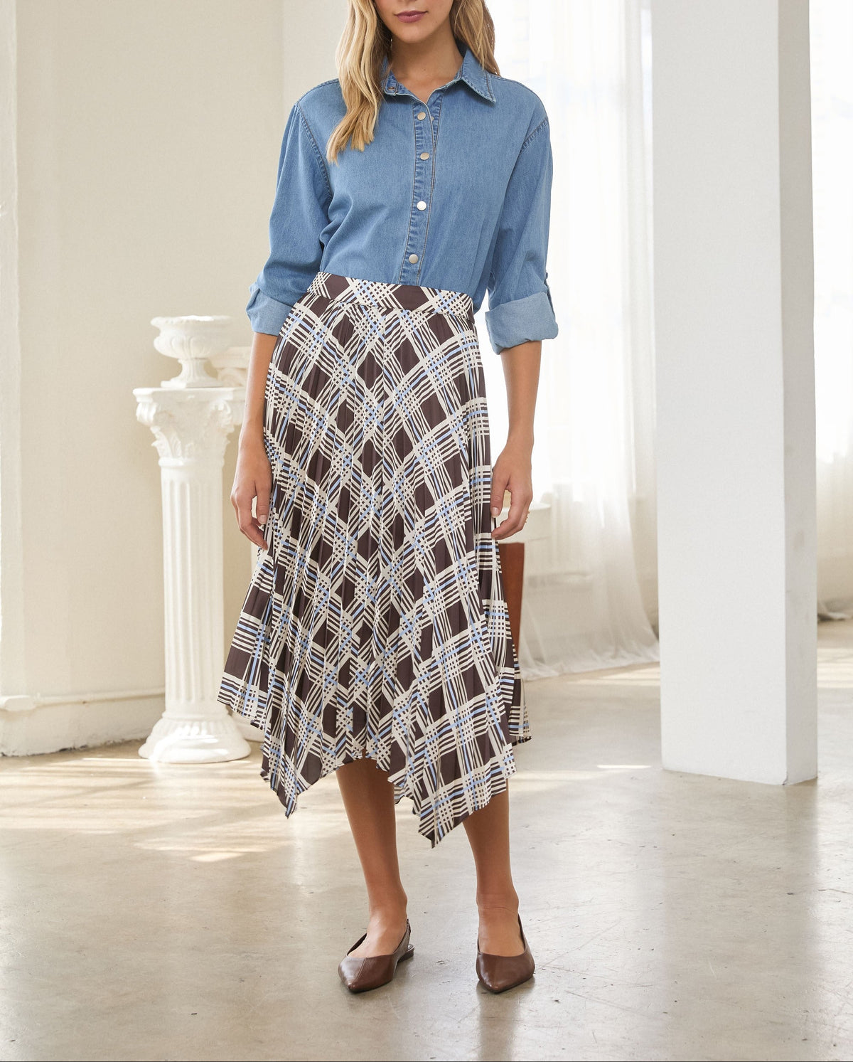 Whisper Wind Plaid Handkerchief Pleated Midi Skirt - Brown/Blue