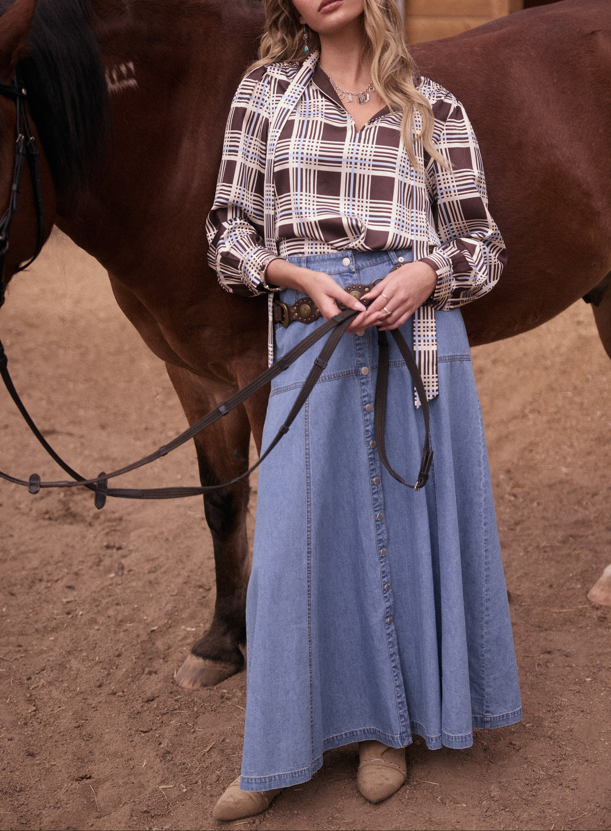 Whisper Wind Plaid Tie Neck Blouse - Brown/Blue