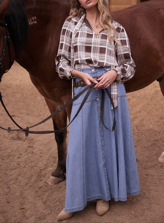 Whisper Wind Plaid Tie Neck Blouse - Brown/Blue