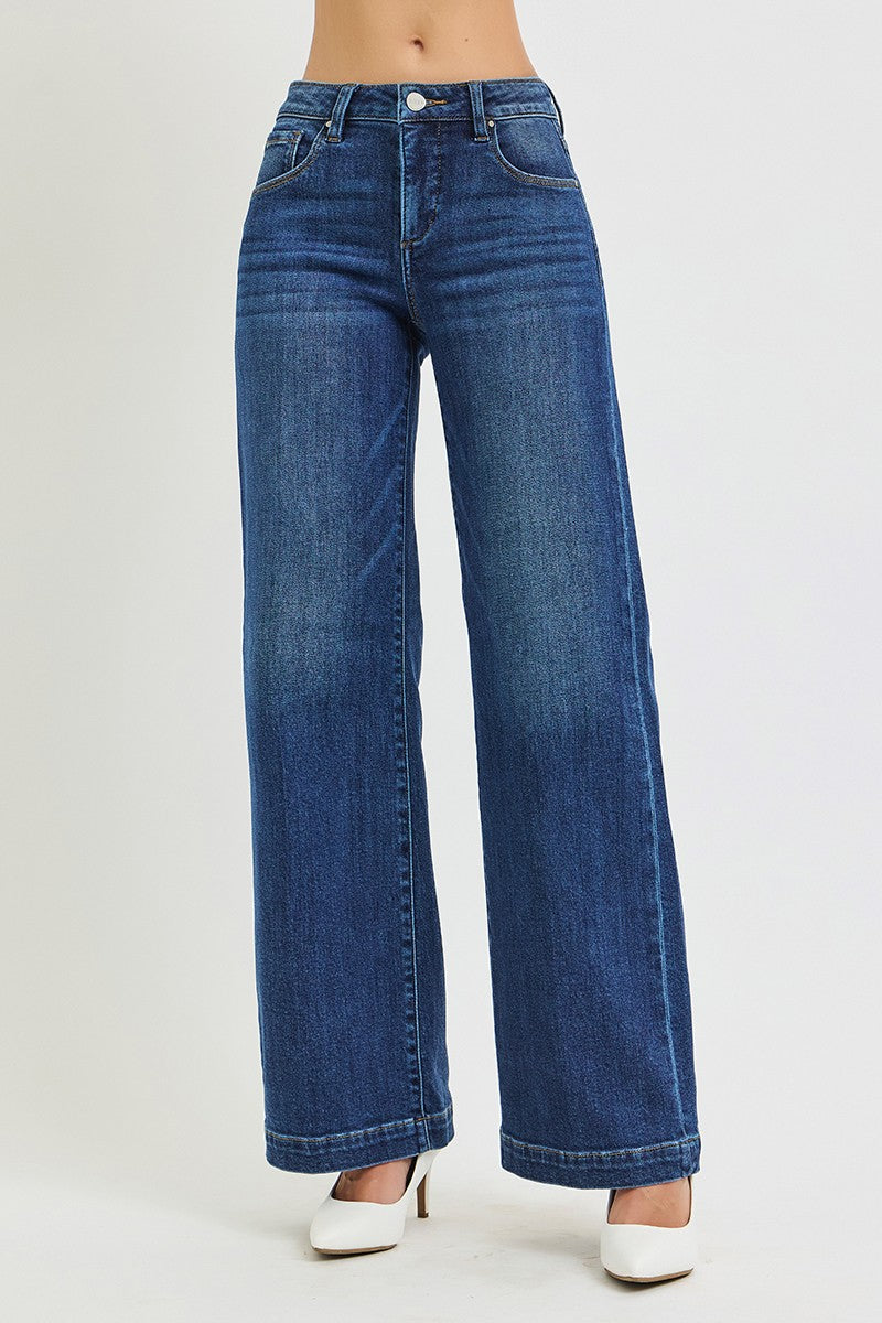 Risen Tummy Control Mid Rise Wide Leg Jeans With Crease Lines - Dark