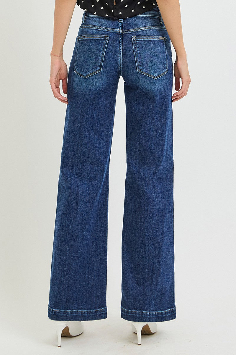 Risen Tummy Control Mid Rise Wide Leg Jeans With Crease Lines - Dark