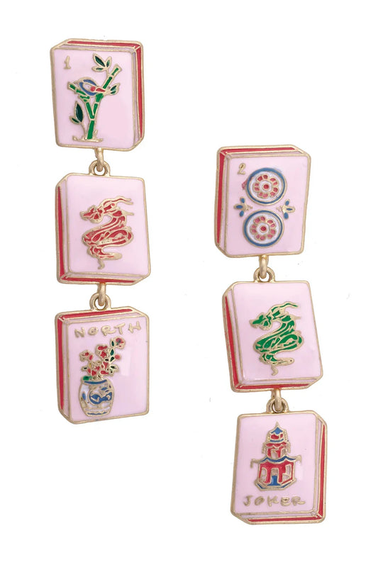 Linked Mahjong Tile Earrings - Light Pink