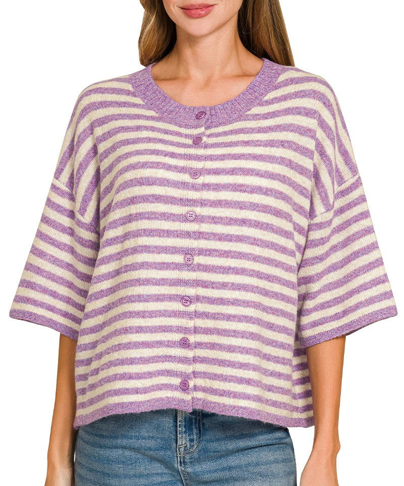 Major News Striped Half Sleeve Cardigan Sweater - Violet