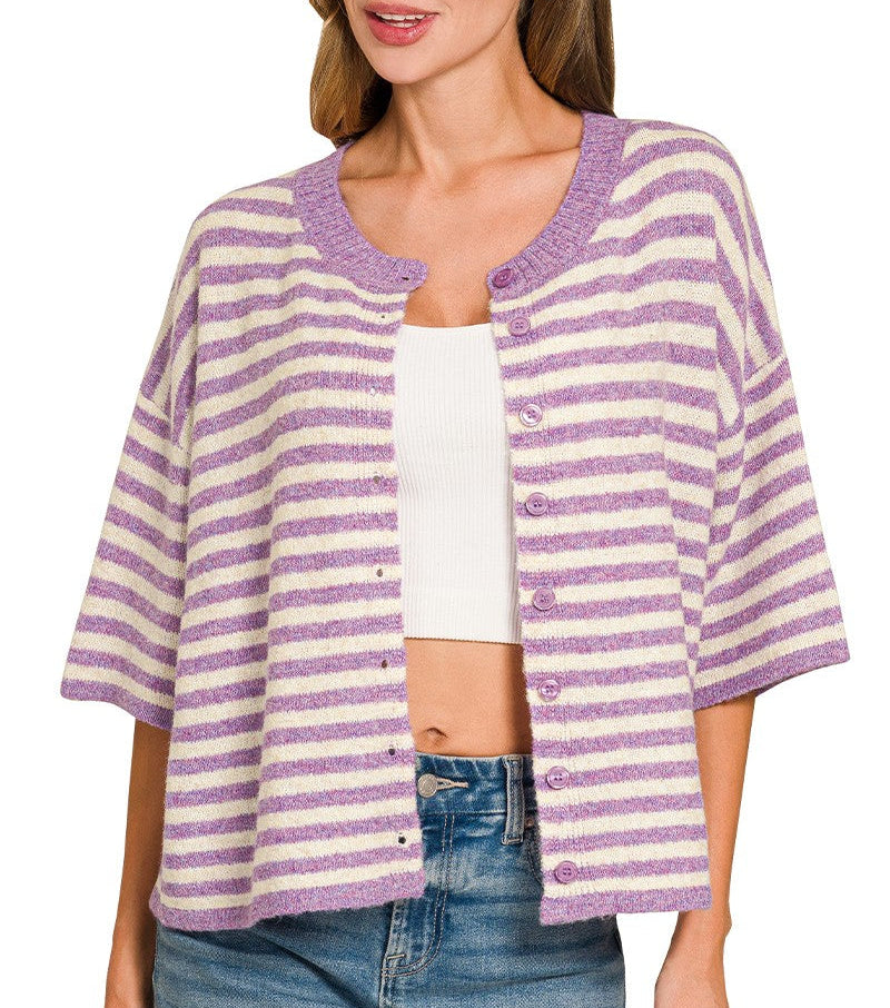 Major News Striped Half Sleeve Cardigan Sweater - Violet