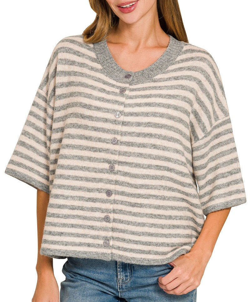 Major News Striped Half Sleeve Cardigan Sweater - Heather Grey