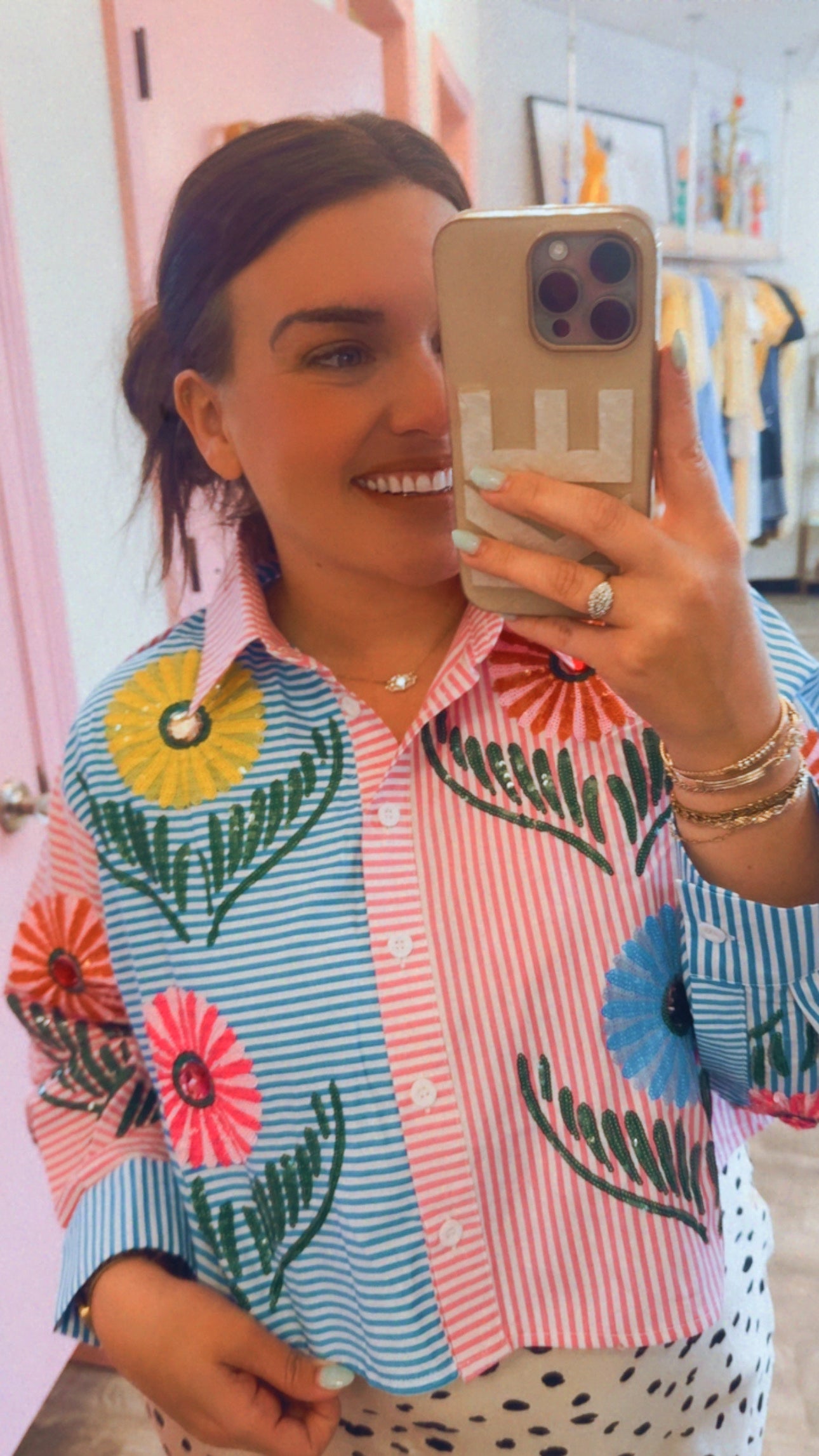 Queen Of Sparkles Pink & Blue Striped Cinco Flowers Button Up Collar Top