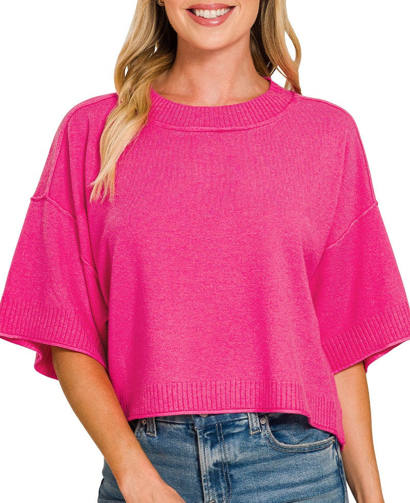 Double Time Mock Neck Short Sleeve Boxy Sweater - Neon Hot Pink