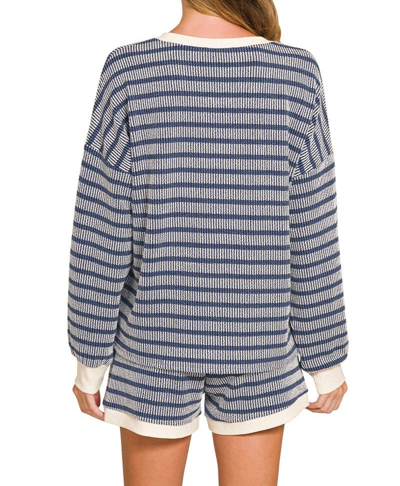 Take Over Raised Rib Striped Pullover & Shorts Set - Navy