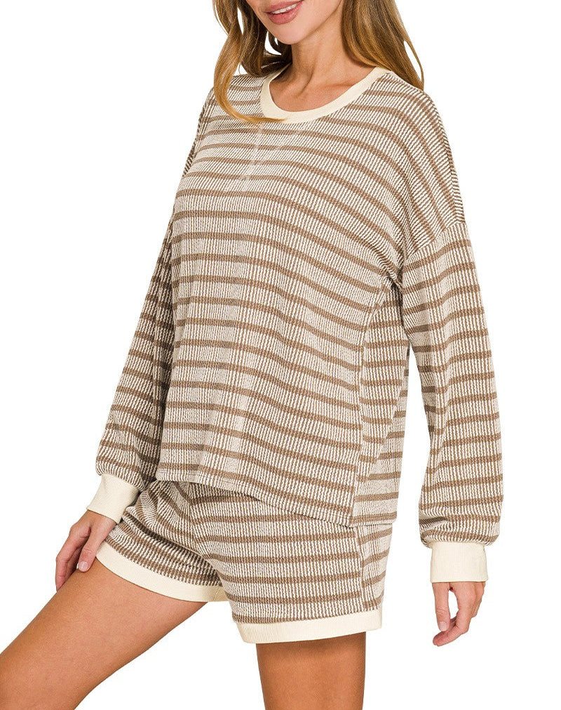 Take Over Raised Rib Striped Pullover & Shorts Set - Mocha