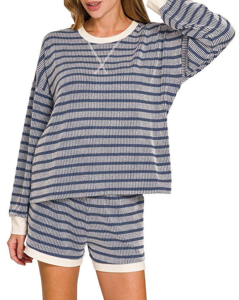 Take Over Raised Rib Striped Pullover & Shorts Set - Navy