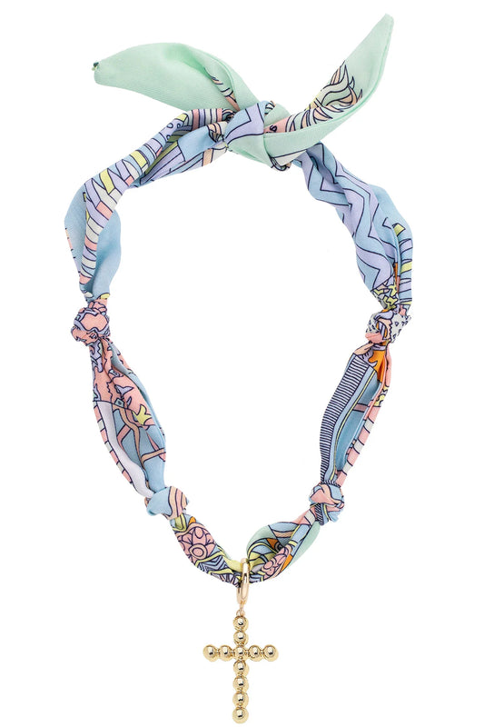 Louisa Beaded Cross Scarf Necklace - Pastel Multi