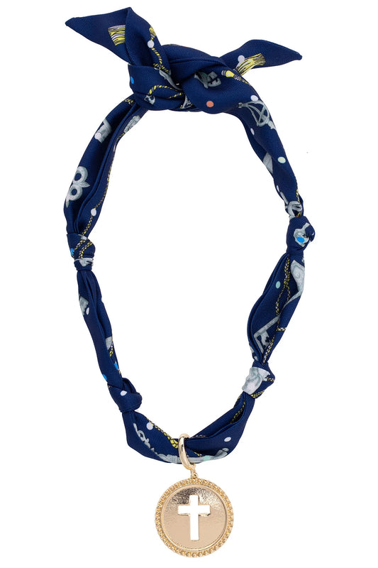 Elodie Cross Coin Scarf Necklace - Navy & Seafoam