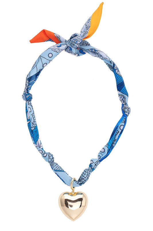 Gabby Puffy Heart Scarf Necklace - Aqua & White