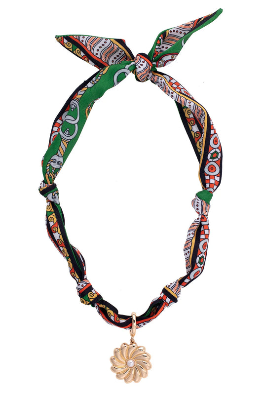 Gertrude Pearl Flower Scarf Necklace - Green/Black/Orange