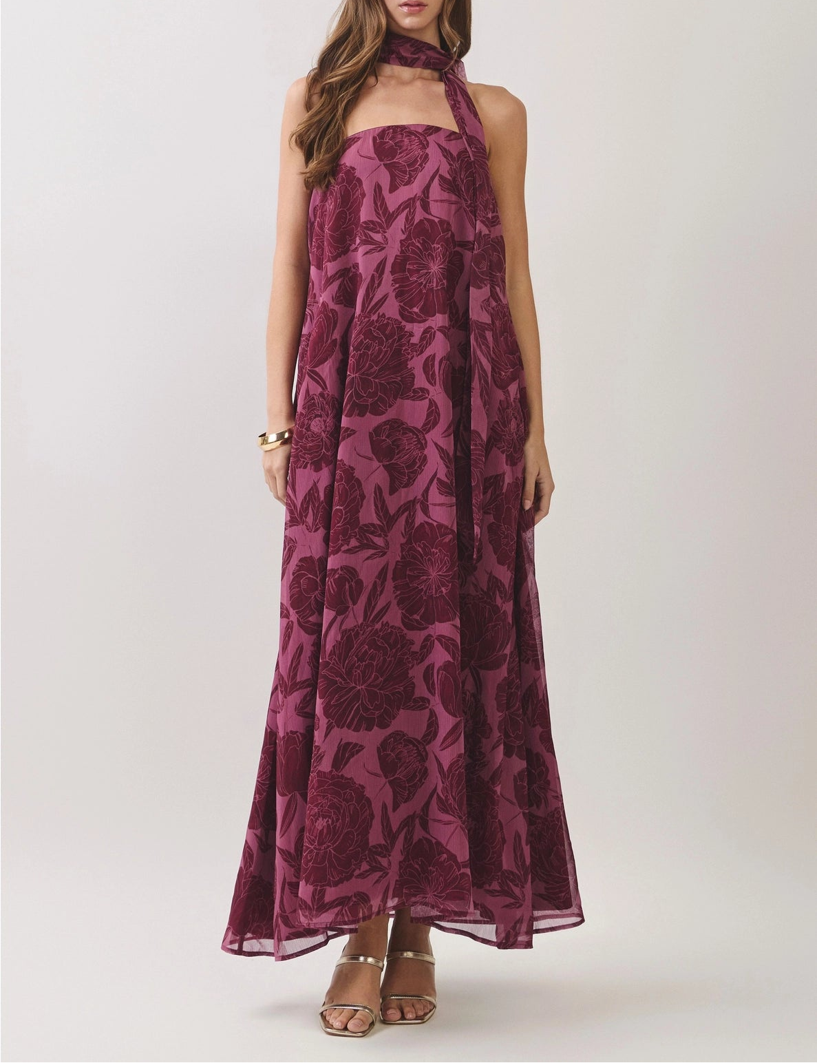 Split Up Floral Print Scarf Maxi Dress - Burgundy