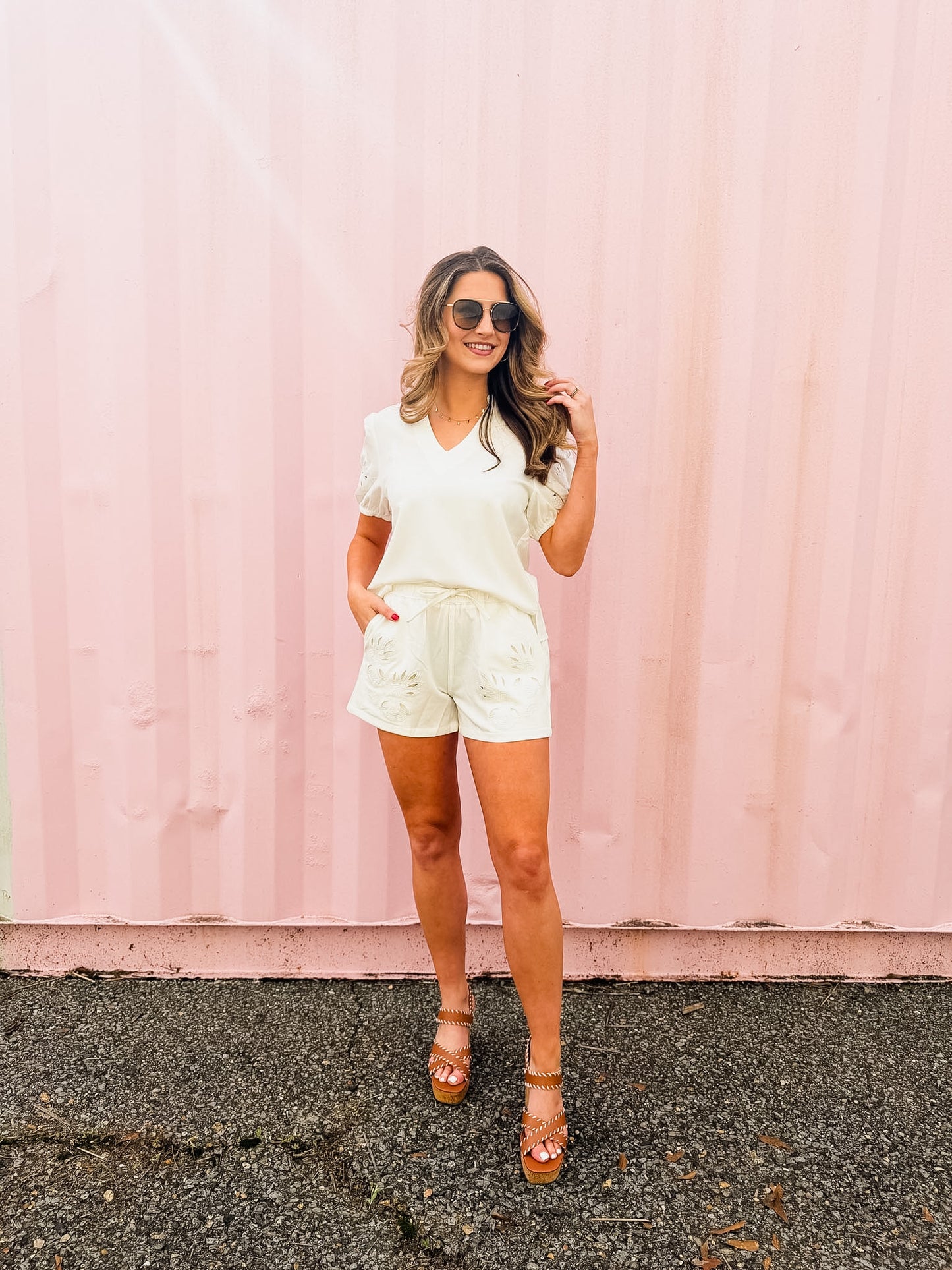 Elan Elastic Waist Eyelet Short - White