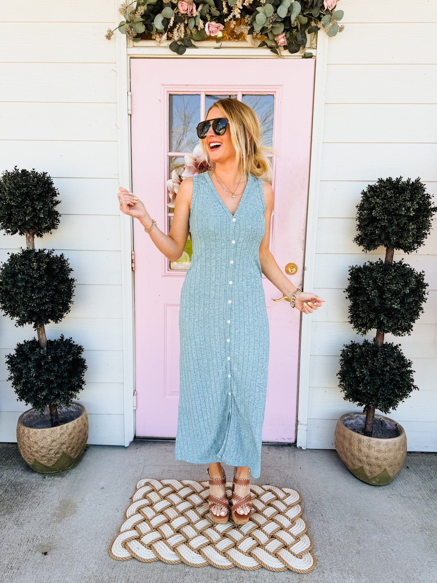 Sutton Ribbed Button Dress - Heather Seafoam