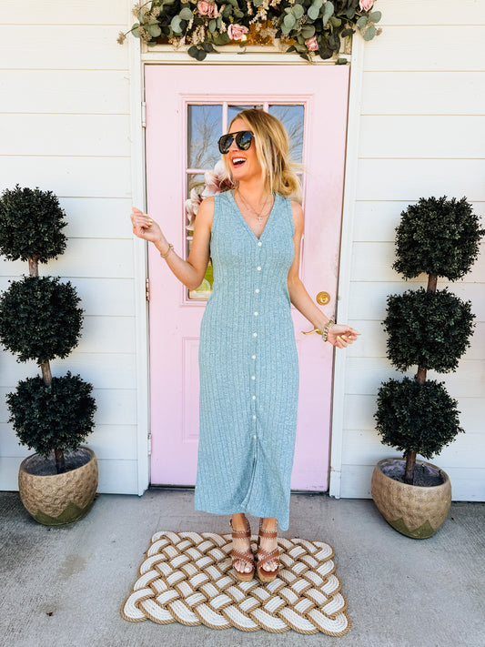 Sutton Ribbed Button Dress - Heather Seafoam
