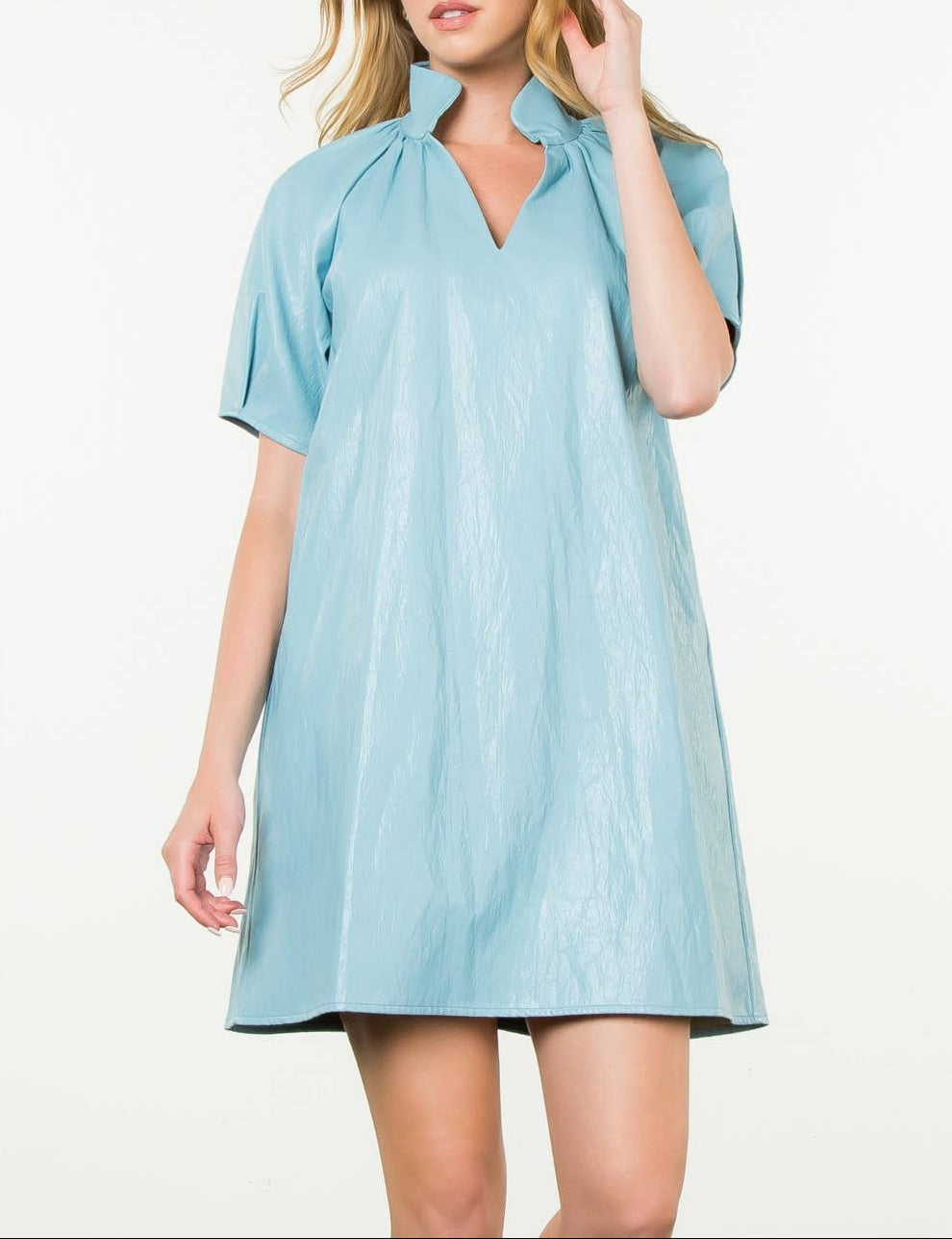 Saving Grace Short Sleeve Leather Midi Dress - Light Blue