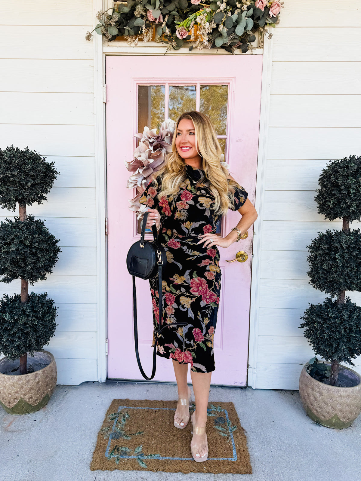 Manon Burnout Velvet Asymmetric Sleeves Midi Dress - Black Multi