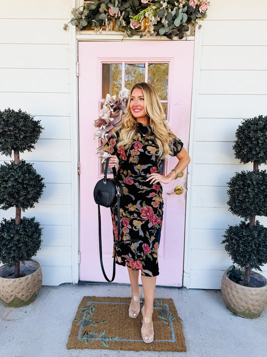 Manon Burnout Velvet Asymmetric Sleeves Midi Dress - Black Multi