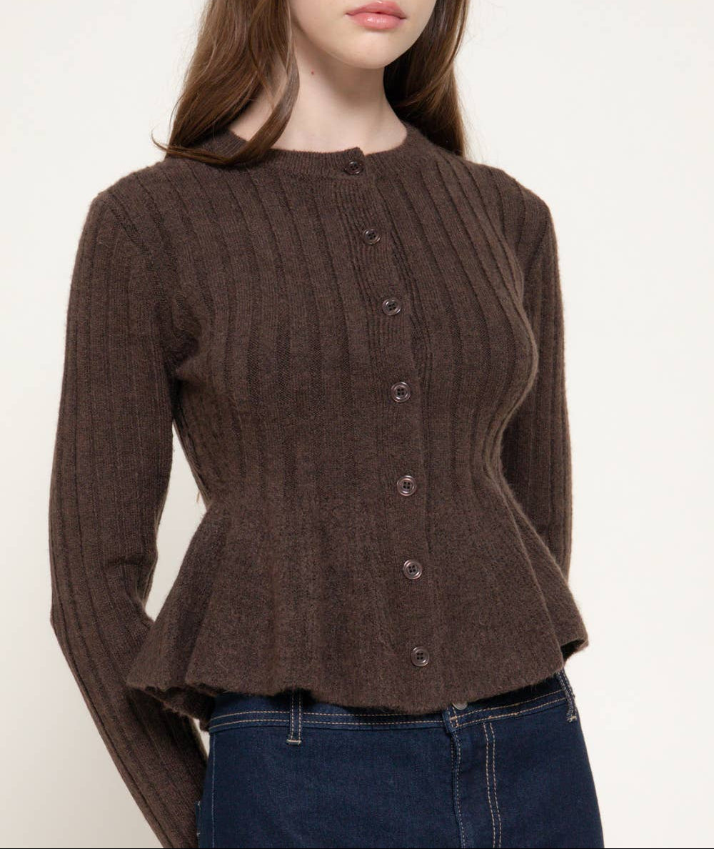 Off Duty Long Sleeve Round Neck Button Down Peplum - Brown
