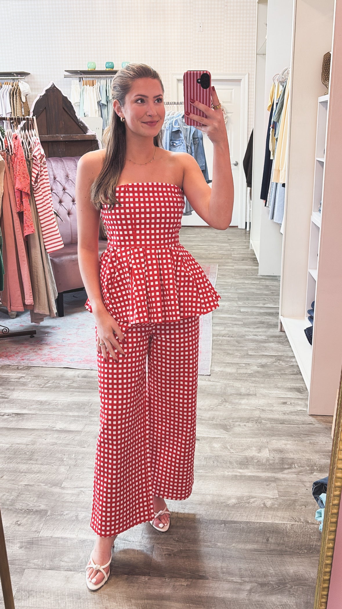 Pick Me Checkered Strapless Peplum Top - Red