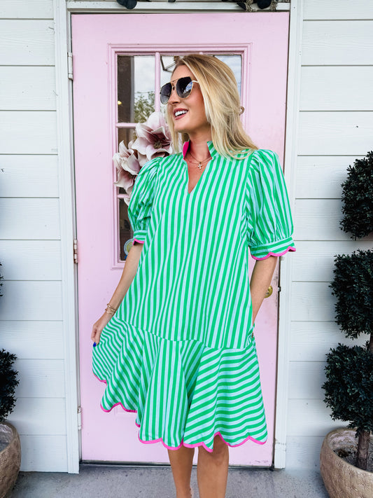 Sugar Rush Striped Scallop Trim Dress - Green